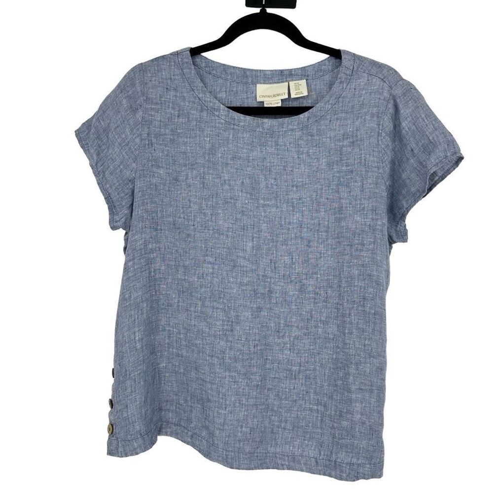 Cynthia Rowley Linen Short Sleeve Top Size M Blue Wood Buttons Boxy Coastal